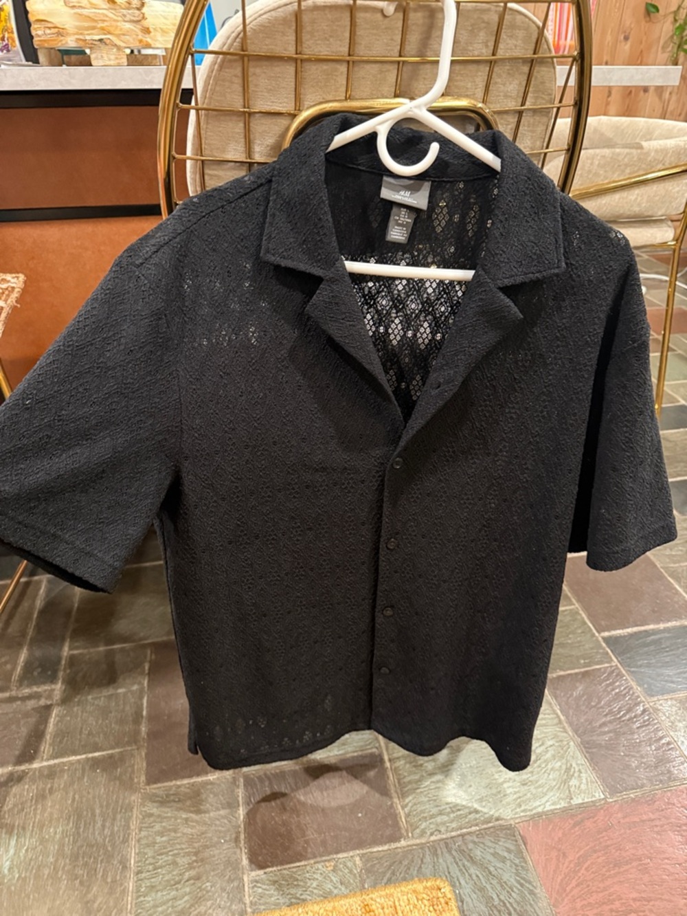 H&M Black Short-Sleeve Lace Button-Up Shirt